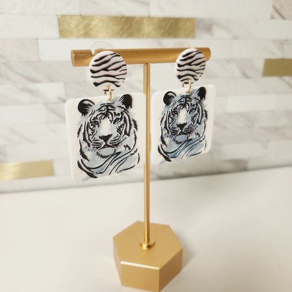Geometric Tiger Acetate Drop Earrings - Picture 2 of 4